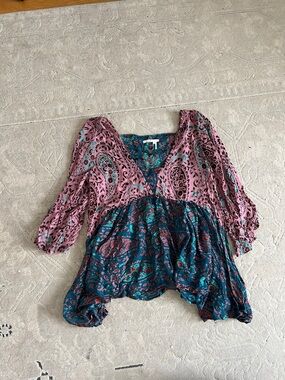 Boho Paisley V-Neck Peasant Top in Pink and Teal
